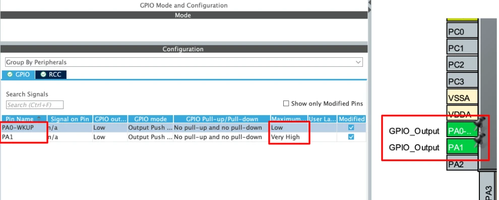 STM32CubeMX GPIO configuration with PA0 set to Low speed and PA1 set to Very High speed, both as push-pull outputs