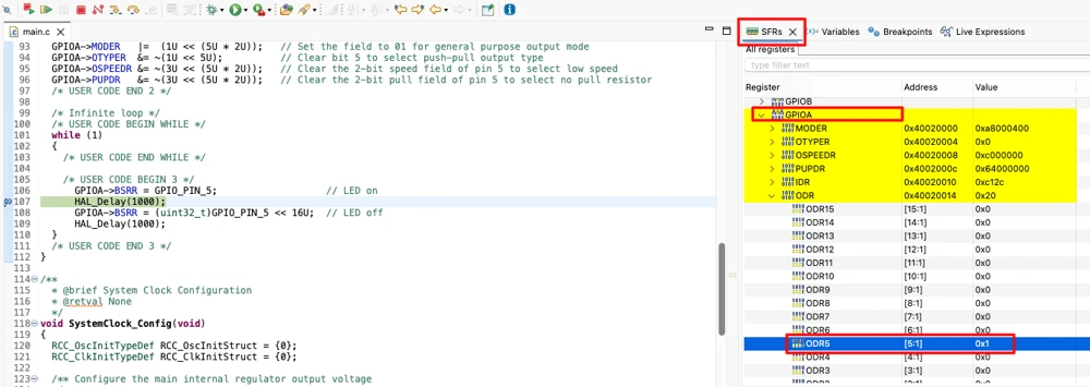 STM32CubeIDE SFRs view showing GPIOA register values for MODER5 and ODR5 during debugging