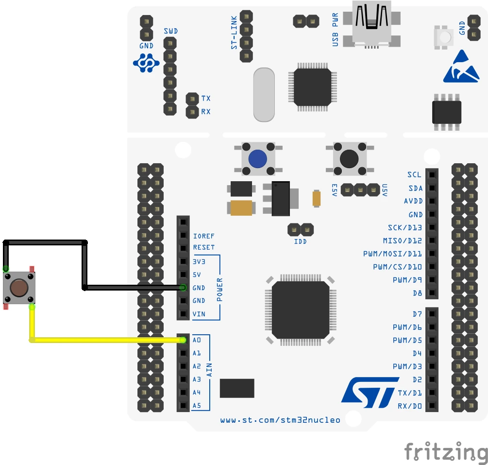 Push button wired between PA0 and GND on a NUCLEO-F446RE board with the internal pull-up enabled
