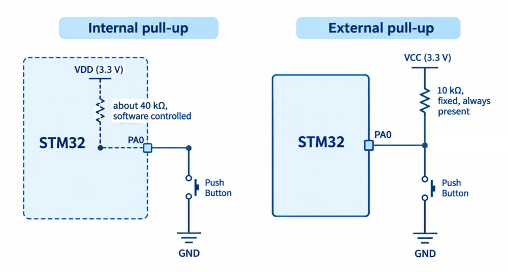 Internal STM32 pull-up of about 40 kฮฉ compared with an external 10 kฮฉ pull-up resistor, both with a push button from PA0 to GND