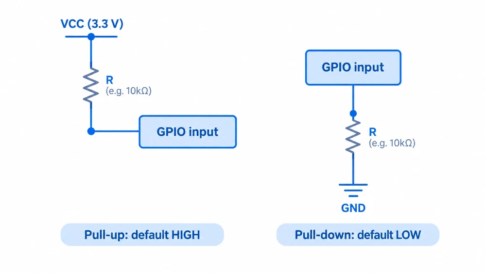 STM32 pull-up and pull-down resistor circuits showing default HIGH and default LOW GPIO input levels