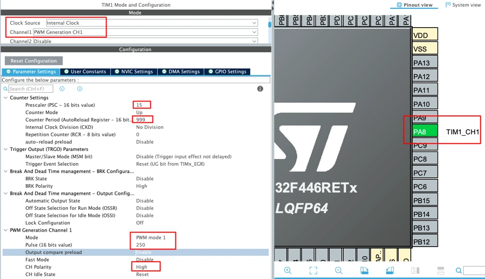 STM32CubeMX TIM1 settings for PWM Generation CH1 with prescaler 15, counter period 999 and pulse 250