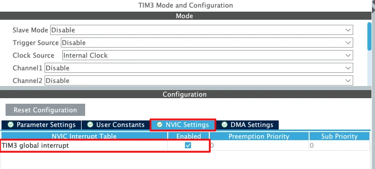 STM32CubeMX NVIC Settings tab of TIM3 with the TIM3 global interrupt option ticked