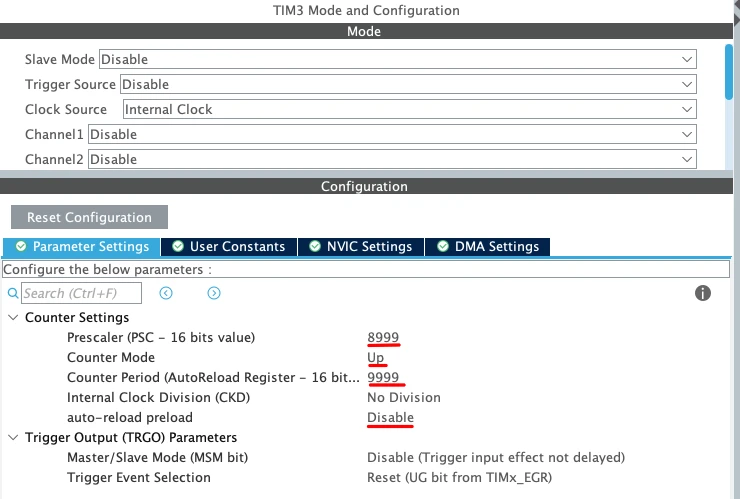 STM32CubeMX TIM3 Parameter Settings with Prescaler 8999 and Counter Period 9999 for a one-second update event
