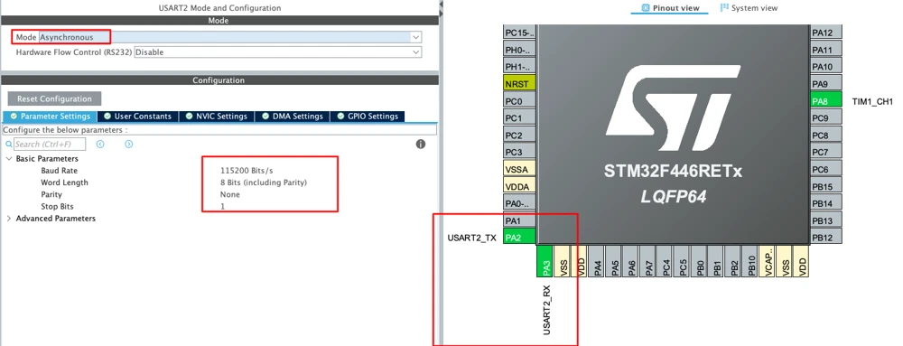 STM32CubeMX USART2 settings in asynchronous mode at 115200 baud, 8 data bits, no parity and 1 stop bit