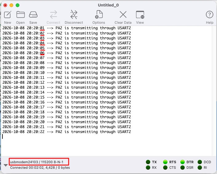 Serial terminal showing the message sent by USART2 on PA2 once per second